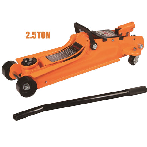 2.5 Ton Low Profile Hydraulic Floor Jack – Side View with Dual Pistons
Hydraulic Floor Jack in Orange – Lift Arm Close-up
2.5 Ton Jack – Low Clearance Front Profile
Full View of Dual Piston Hydraulic Jack with Rubber Saddle
