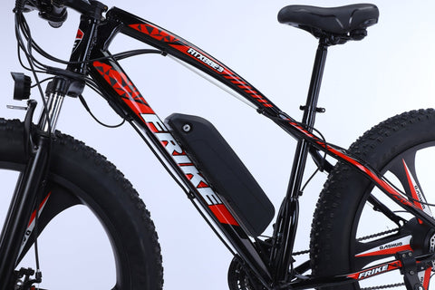 26 inch electric fat tire e-bike with 500W motor and disc brakes
Side view of black all-terrain e-bike with oversized tires
Removable 48V lithium battery on mountain fat tire e-bike
Close-up of rear hub motor and gear system on electric bike
Electric trail bike designed for snow, sand, and rugged terrain
Urban and off-road ready fat tire e-bike with aluminum frame