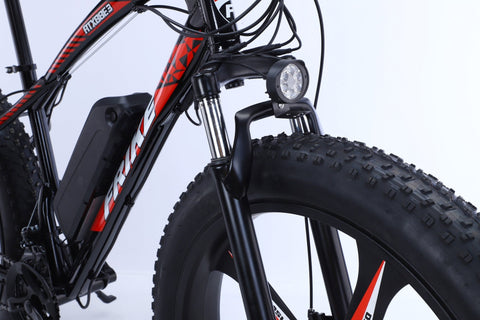 26 inch electric fat tire e-bike with 500W motor and disc brakes
Side view of black all-terrain e-bike with oversized tires
Removable 48V lithium battery on mountain fat tire e-bike
Close-up of rear hub motor and gear system on electric bike
Electric trail bike designed for snow, sand, and rugged terrain
Urban and off-road ready fat tire e-bike with aluminum frame