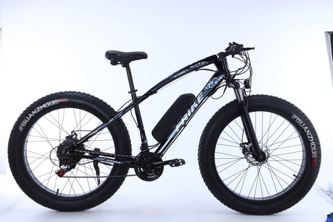 26 inch electric fat tire e-bike with 500W motor and disc brakes
Side view of black all-terrain e-bike with oversized tires
Removable 48V lithium battery on mountain fat tire e-bike
Close-up of rear hub motor and gear system on electric bike
Electric trail bike designed for snow, sand, and rugged terrain
Urban and off-road ready fat tire e-bike with aluminum frame