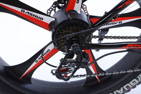 26 inch electric fat tire e-bike with 500W motor and disc brakes
Side view of black all-terrain e-bike with oversized tires
Removable 48V lithium battery on mountain fat tire e-bike
Close-up of rear hub motor and gear system on electric bike
Electric trail bike designed for snow, sand, and rugged terrain
Urban and off-road ready fat tire e-bike with aluminum frame