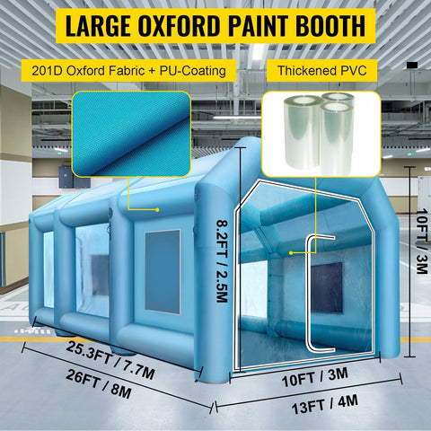 Inflatable car paint spray booth 26x13x10 ft exterior view
Interior view of inflatable paint booth with partition wall
Blue portable spray booth with two blowers and windows
Dust-free mobile painting tent setup for automotive use
Folded and inflated stages of an inflatable paint booth