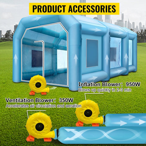 Inflatable car paint spray booth 26x13x10 ft exterior view
Interior view of inflatable paint booth with partition wall
Blue portable spray booth with two blowers and windows
Dust-free mobile painting tent setup for automotive use
Folded and inflated stages of an inflatable paint booth