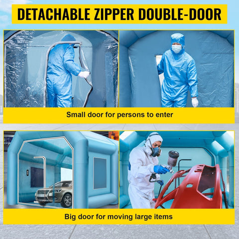 Inflatable car paint spray booth 26x13x10 ft exterior view
Interior view of inflatable paint booth with partition wall
Blue portable spray booth with two blowers and windows
Dust-free mobile painting tent setup for automotive use
Folded and inflated stages of an inflatable paint booth