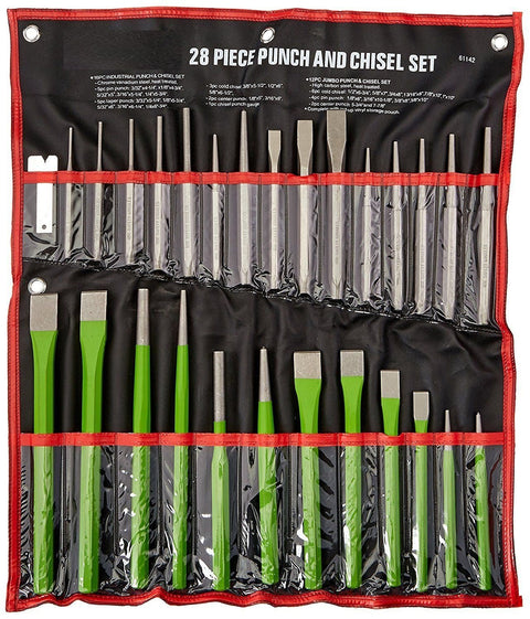 28 PC punch and chisel set with roll-up storage case
Heavy-duty tool kit with cold chisels and punches
Full punch and chisel tool set for auto and metalwork use