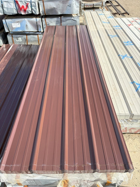 29-gauge steel siding panels in silver finish – side view
Close-up of red metal siding with smooth weather-resistant finish
Full stack of steel siding panels in multiple lengths
29-gauge corrugated siding installed on an exterior wall
Brown, white, and gray siding panel color options for metal exterior
Long 20ft steel panel view – suitable for barn or home