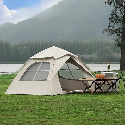 3–4 person waterproof dome tent with windows in outdoor field
Easy setup beige family camping tent with double doors
Pop-up hiking tent with mesh ventilation for backpacking trips
Lightweight dome tent ideal for spontaneous camping