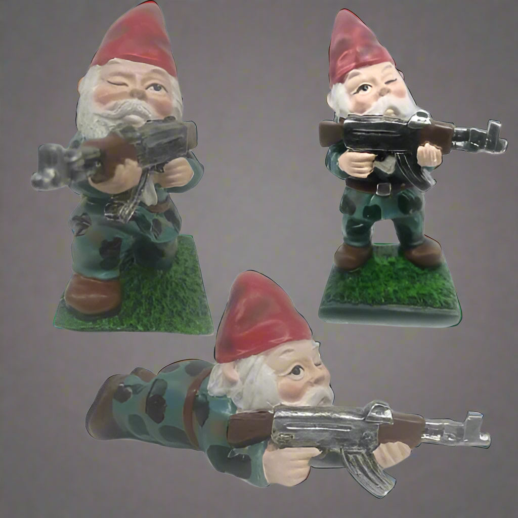 Military Garden Gnome Set – Armed with AK47, Resin 3-Pack Lawn Ornament | SKU 519318