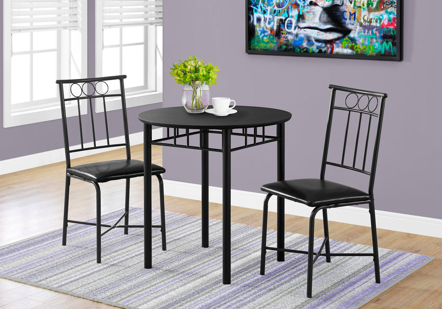 Black 3-piece dining table set with round table and 2 chairs
Modern bistro set with cushioned seats for small dining spaces
K1013 3-piece kitchen table and chair combo