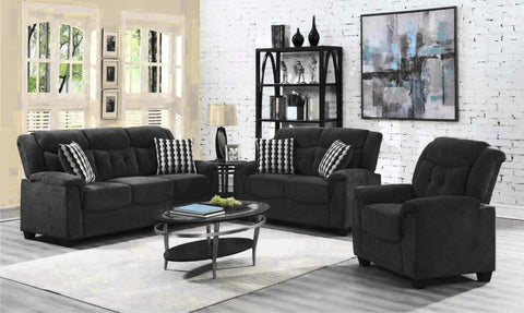 BT2310 full living room set in black – sofa, loveseat, chair
Dark gray version of BT2310 3-seater set
Close-up of tufted cushion details
Side profile showing wood legs and frame
Full view of all three pieces together in staged living room