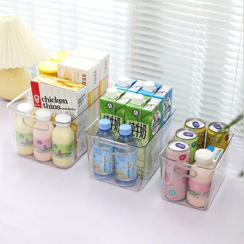 "3-piece clear pantry bin set in fridge"
"stackable food storage containers"
"kitchen organization clear plastic bins"
"bpa-free pantry organizer set"
"fridge and cabinet bin set"