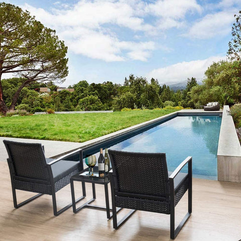 New 3 - Piece Outdoor Patio Furniture Set – Wicker Chairs & Glass - Top Table | 726616 - with | Sold by Uncle Wiener's Wholesale