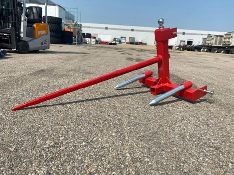 Red 3-point gooseneck hitch with bale spear mount
Tractor trailer hitch attachment with hay spear slots
Reinforced hitch frame for Conus 2 and Conus 1 spear placement
3-point trailer hitch attachment mounted on tractor
Spear holes and 2β trailer receiver on attachment frame