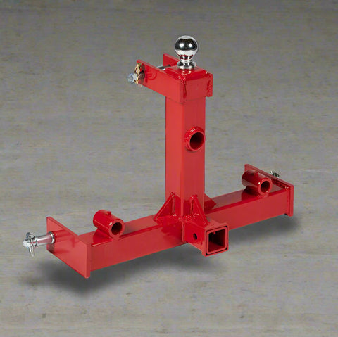 Red 3-point gooseneck hitch with bale spear mount
Tractor trailer hitch attachment with hay spear slots
Reinforced hitch frame for Conus 2 and Conus 1 spear placement
3-point trailer hitch attachment mounted on tractor
Spear holes and 2β trailer receiver on attachment frame