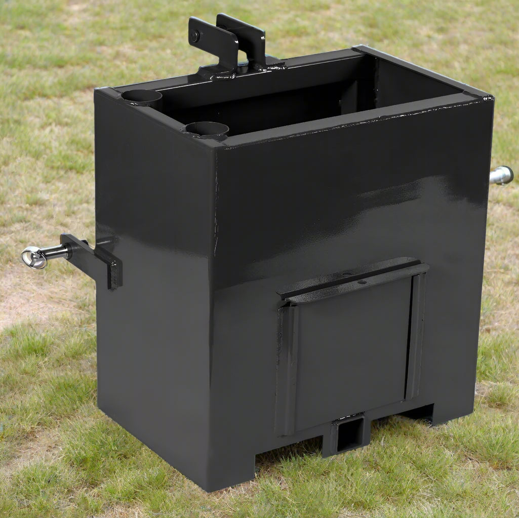 Black ballast box attachment on tractor for rear counterweight
Close-up of Category 1 3-point hitch ballast box
Ballast box filled and mounted on tractor for stability