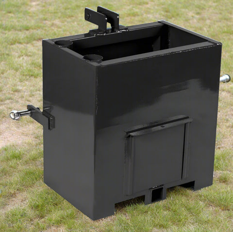 Black ballast box attachment on tractor for rear counterweight
Close-up of Category 1 3-point hitch ballast box
Ballast box filled and mounted on tractor for stability