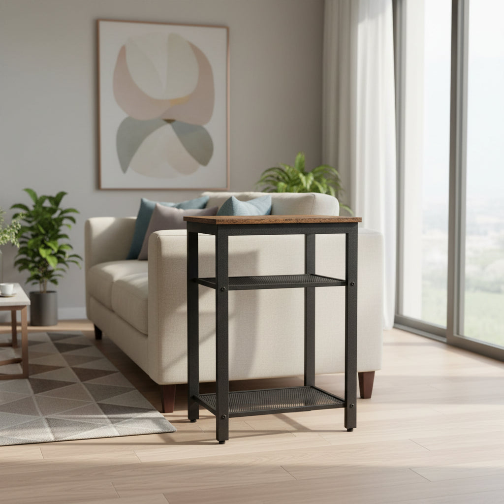 New 3 - Tier End Table with Wood Top and Steel Mesh Shelves TLET2505 - with | Sold by Uncle Wiener's Wholesale
