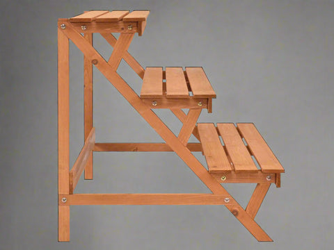 3-Tier Wooden Step Ladder Plant Stand – Brown Fir Wood Display Rack for Indoor and Outdoor Use