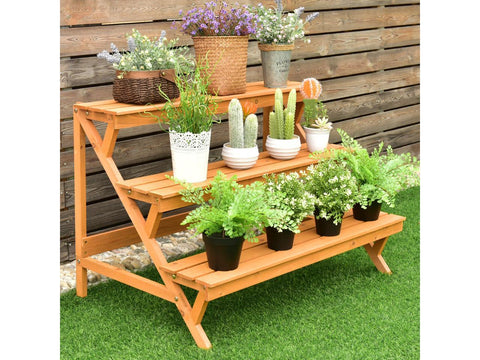 3-Tier Wooden Step Ladder Plant Stand – Brown Fir Wood Display Rack for Indoor and Outdoor Use