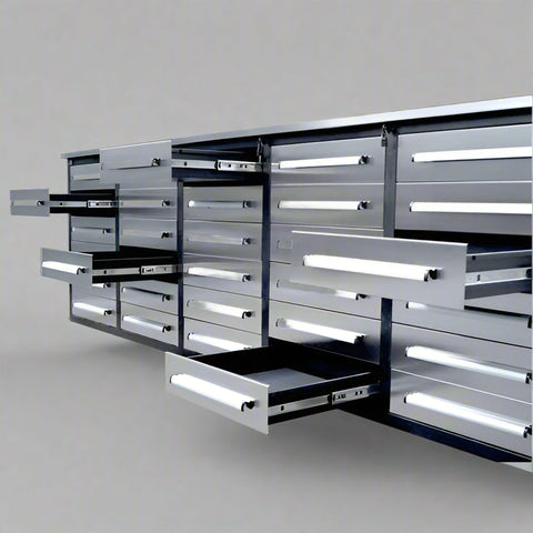 10FT Stainless Steel Tool Bench with 30 Drawers – Front and Side View