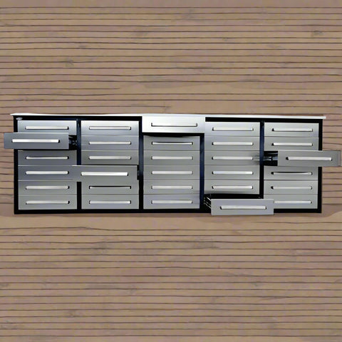 10FT Stainless Steel Tool Bench with 30 Drawers – Front and Side View