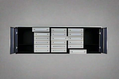 10FT Stainless Steel Tool Bench with 30 Drawers – Front and Side View