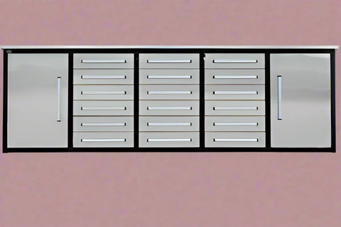 10FT Stainless Steel Tool Bench with 30 Drawers – Front and Side View
