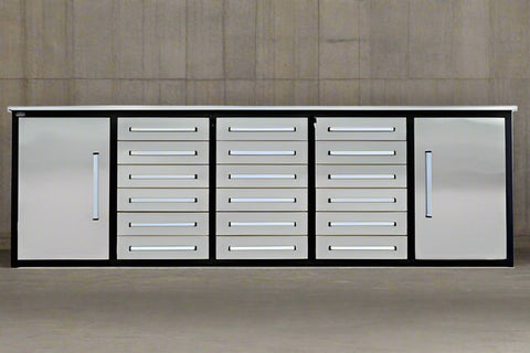 10FT Stainless Steel Tool Bench with 30 Drawers – Front and Side View