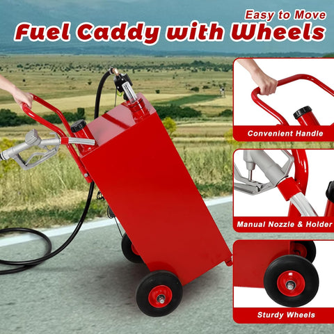 30-Gallon Portable Fuel Transfer Tank with 12V Pump – S1224
Fuel Caddy Tank for Diesel and Gasoline – Red Model with Wheels
12V Electric Fuel Transfer Pump on Mobile Tank
Heavy-Duty Fuel Transfer Cart with Nozzle and Suction Hose