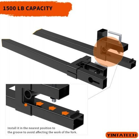 30 inch clamp-on pallet forks attached to tractor loader
Heavy-duty pallet forks on skid steer bucket
Side view of clamp-on pallet fork set
1500 lb tractor bucket fork with chain holes
Easy install clamp pallet forks for hauling hay and logs