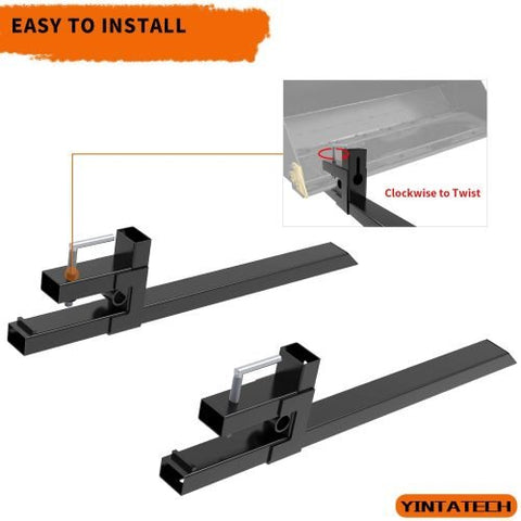 30 inch clamp-on pallet forks attached to tractor loader
Heavy-duty pallet forks on skid steer bucket
Side view of clamp-on pallet fork set
1500 lb tractor bucket fork with chain holes
Easy install clamp pallet forks for hauling hay and logs