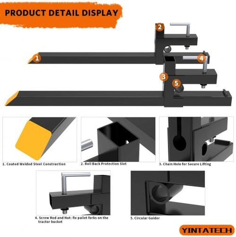 30 inch clamp-on pallet forks attached to tractor loader
Heavy-duty pallet forks on skid steer bucket
Side view of clamp-on pallet fork set
1500 lb tractor bucket fork with chain holes
Easy install clamp pallet forks for hauling hay and logs