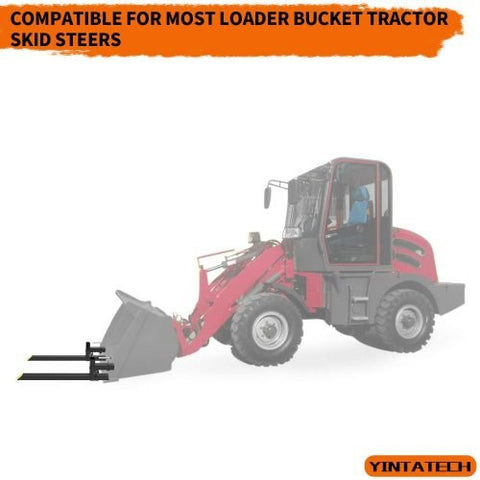 30 inch clamp-on pallet forks attached to tractor loader
Heavy-duty pallet forks on skid steer bucket
Side view of clamp-on pallet fork set
1500 lb tractor bucket fork with chain holes
Easy install clamp pallet forks for hauling hay and logs