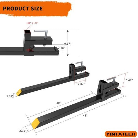 30 inch clamp-on pallet forks attached to tractor loader
Heavy-duty pallet forks on skid steer bucket
Side view of clamp-on pallet fork set
1500 lb tractor bucket fork with chain holes
Easy install clamp pallet forks for hauling hay and logs