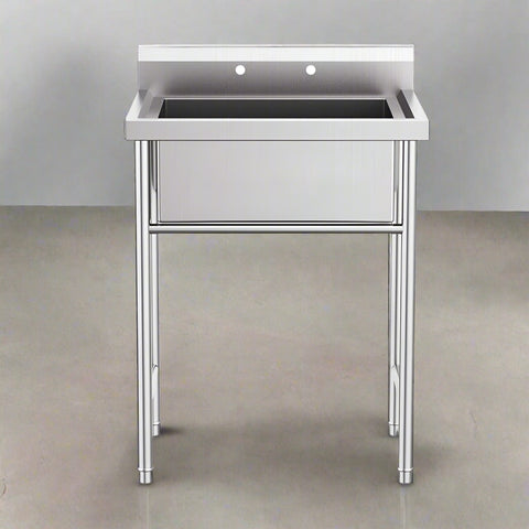 30-inch stainless steel freestanding utility sink (front view)
Deep bowl utility sink with backsplash and legs
Top angle view of stainless utility sink
Close-up of sink basin and drainboard
Side profile of stainless steel model 3026 utility sink