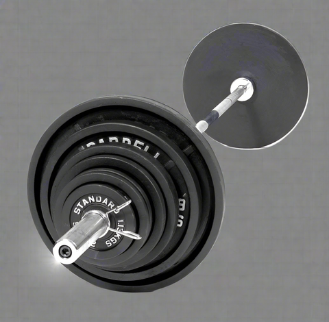 300 LB Olympic barbell weight set with black tri-grip plates
complete Olympic bar and plate set for home gym use
Olympic weight bar with 2 inch sleeves and textured grip
stacked black Olympic plates with 45 lb, 35 lb, and 25 lb weights
300 lb strength training barbell set with spring collars