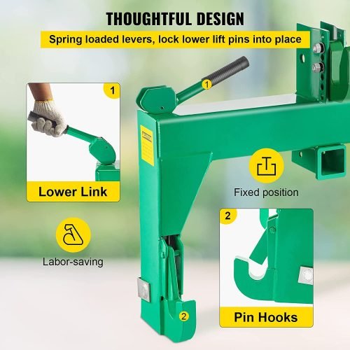 3-point green quick hitch for Category 1 & 2 tractors – heavy-duty steel
Spring-loaded quick hitch with pin hooks and lift arms
Tractor quick hitch in use with implement attached
Quick hitch attachment showing latch and hook configuration