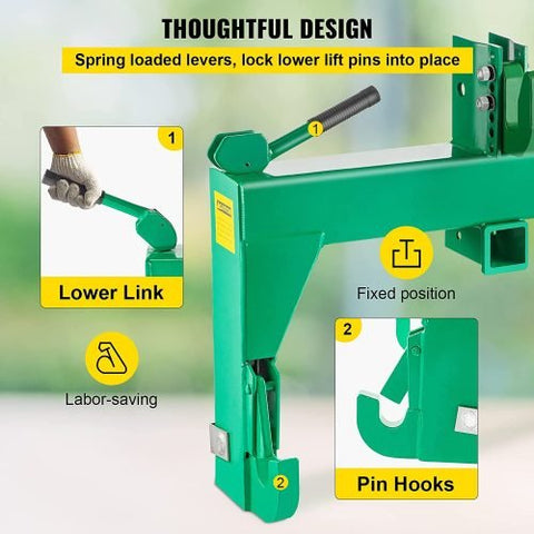 3-point green quick hitch for Category 1 & 2 tractors β heavy-duty steel
Spring-loaded quick hitch with pin hooks and lift arms
Tractor quick hitch in use with implement attached
Quick hitch attachment showing latch and hook configuration