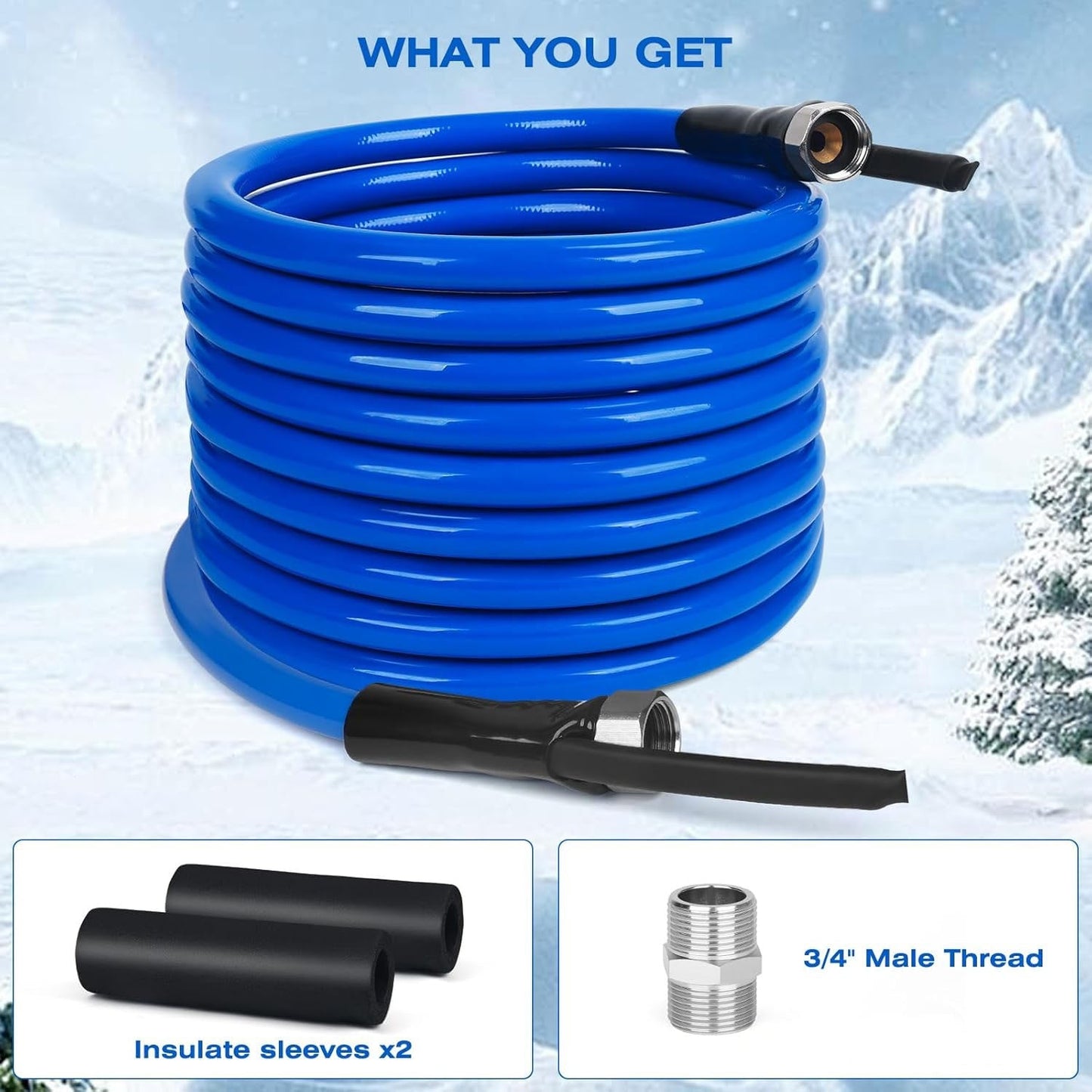 Blue 30FT heated water hose with thermostat and plug for RV use
Antifreeze hose for outdoor water supply in winter - model WH3045
Drinking water-safe heated hose coiled with electrical connection