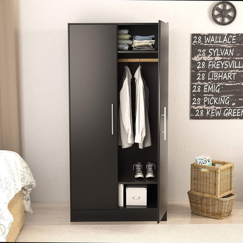 Black 32-inch wardrobe storage cabinet in bedroom
Open wardrobe with hanging rail and top shelf
Modern black wardrobe with brushed handles
32" storage cabinet in office corner
Full-height view of black laminate wardrobe
Side angle of freestanding modern wardrobe