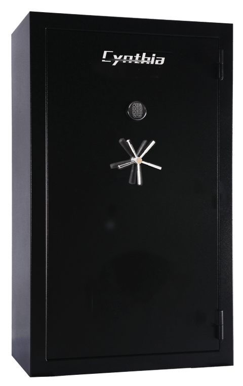 "Black fireproof 36 gun safe with electronic keypad lock"
"Adjustable interior of large 50-gun capacity safe"
"Secure gun safe lock close-up with override key"
"50-gun fire-rated safe exterior textured black finish"