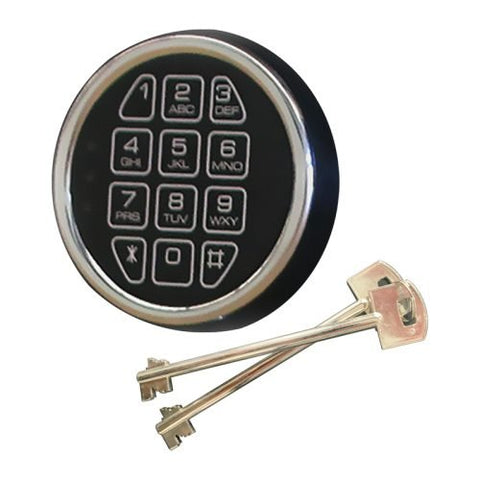 "Black fireproof 36 gun safe with electronic keypad lock"
"Adjustable interior of large 50-gun capacity safe"
"Secure gun safe lock close-up with override key"
"50-gun fire-rated safe exterior textured black finish"