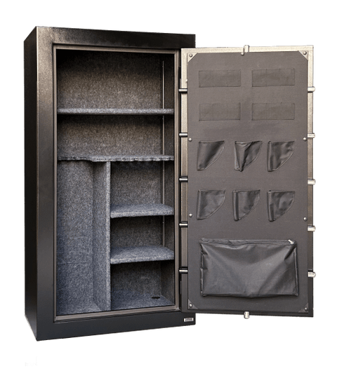 "Black fireproof 36 gun safe with electronic keypad lock"
"Adjustable interior of large 50-gun capacity safe"
"Secure gun safe lock close-up with override key"
"50-gun fire-rated safe exterior textured black finish"