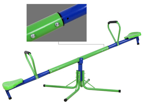 Kids spinning on green 360° seesaw in backyard
360-degree rotating seesaw with blue seats and soft handles
Outdoor seesaw with rotation and bounce action
Side view of children playing on rotating seesaw
Playground toy for toddlers and young kids