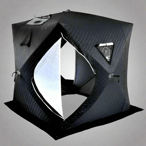 "Heavy-duty insulated pop-up ice fishing tent for 4-6 people"
"Black pop-up ice shelter with durable waterproof construction"
"Spacious insulated tent for winter camping and ice fishing"
"Pop-up setup ice fishing tent with chimney port option"
"Portable insulated ice fishing shelter with heavy-duty fabric"