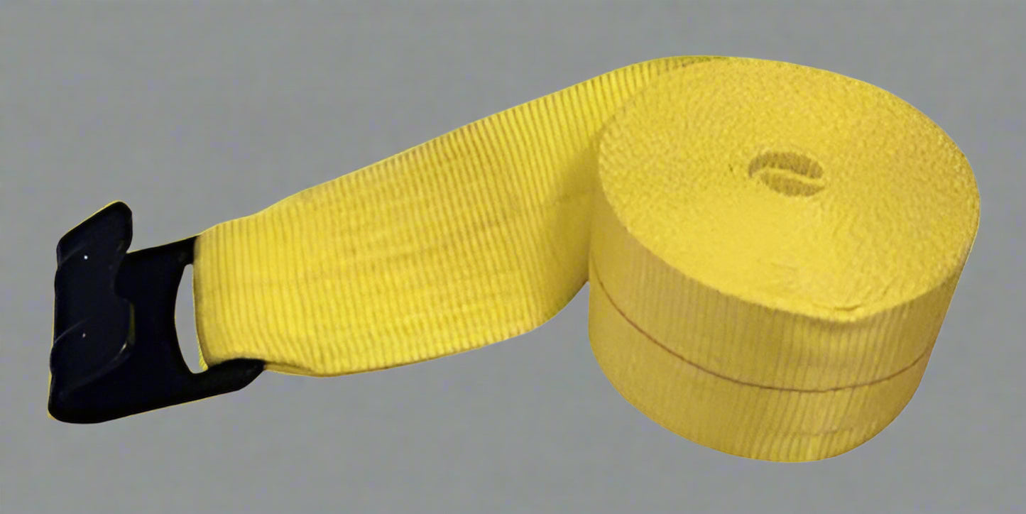 Yellow 4" x 30 ft cargo winch strap with flat hook
Heavy-duty nylon strap rolled for flatbed use
Flatbed trailer tie-down strap with black flat hook
10-pack bundle of 4-inch winch straps
DOT-compliant flat hook winch strap for trucking