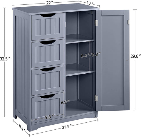 Gray 4-drawer floor cabinet with adjustable shelf
White MDF bathroom storage cabinet
Side view of modern drawer cabinet
Floor cabinet with 4 drawers and 1 door
Compact utility cabinet for kitchen or bath