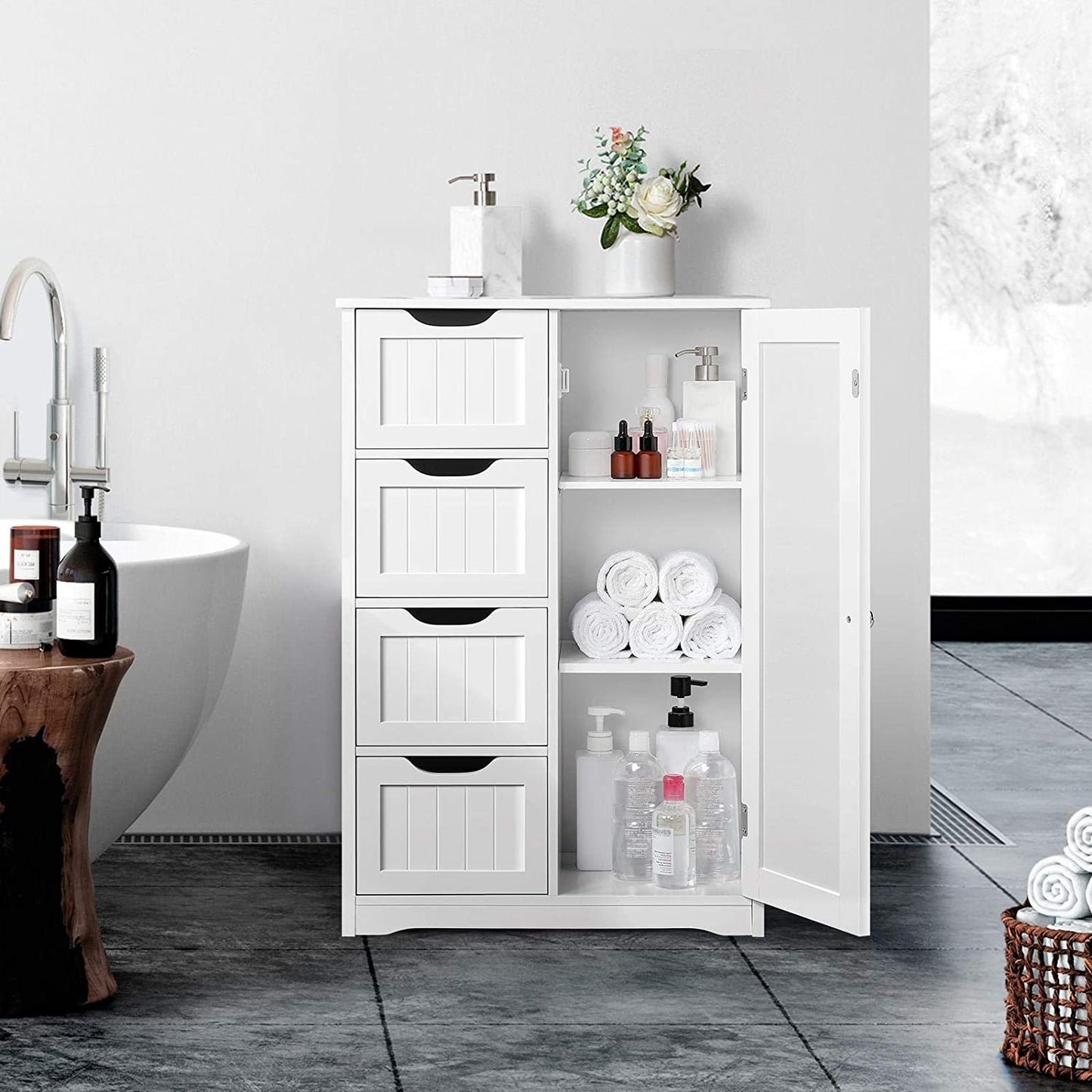 Gray 4-drawer floor cabinet with adjustable shelf
White MDF bathroom storage cabinet
Side view of modern drawer cabinet
Floor cabinet with 4 drawers and 1 door
Compact utility cabinet for kitchen or bath