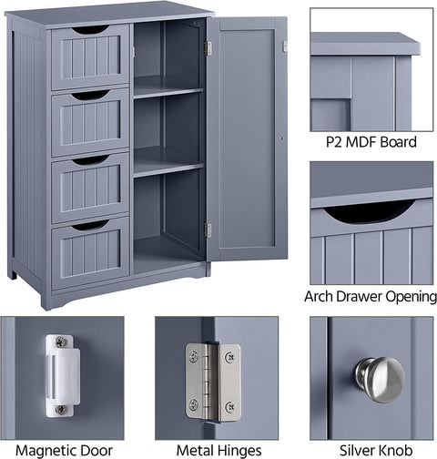 Gray 4-drawer floor cabinet with adjustable shelf
White MDF bathroom storage cabinet
Side view of modern drawer cabinet
Floor cabinet with 4 drawers and 1 door
Compact utility cabinet for kitchen or bath