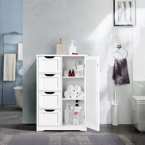 Gray 4-drawer floor cabinet with adjustable shelf
White MDF bathroom storage cabinet
Side view of modern drawer cabinet
Floor cabinet with 4 drawers and 1 door
Compact utility cabinet for kitchen or bath